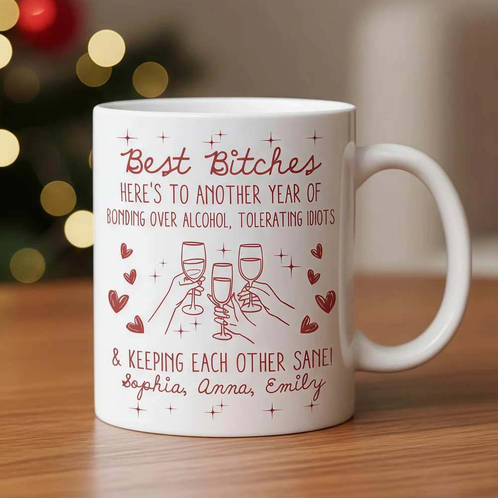 Besties White Ceramic Mug Personalized with Funny Quote, Cute Wine Glass Art, Perfect Unique Gift for Friends and Coworkers