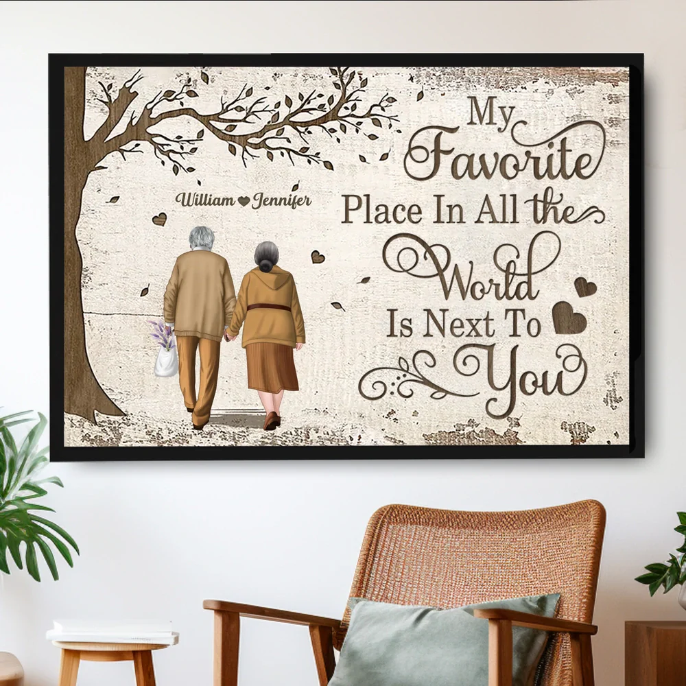 Personalized Couple Poster with Walking Seniors Illustration – Romantic Wall Art for Bedroom, Unique Anniversary or Christmas Gift for Wife or Husband