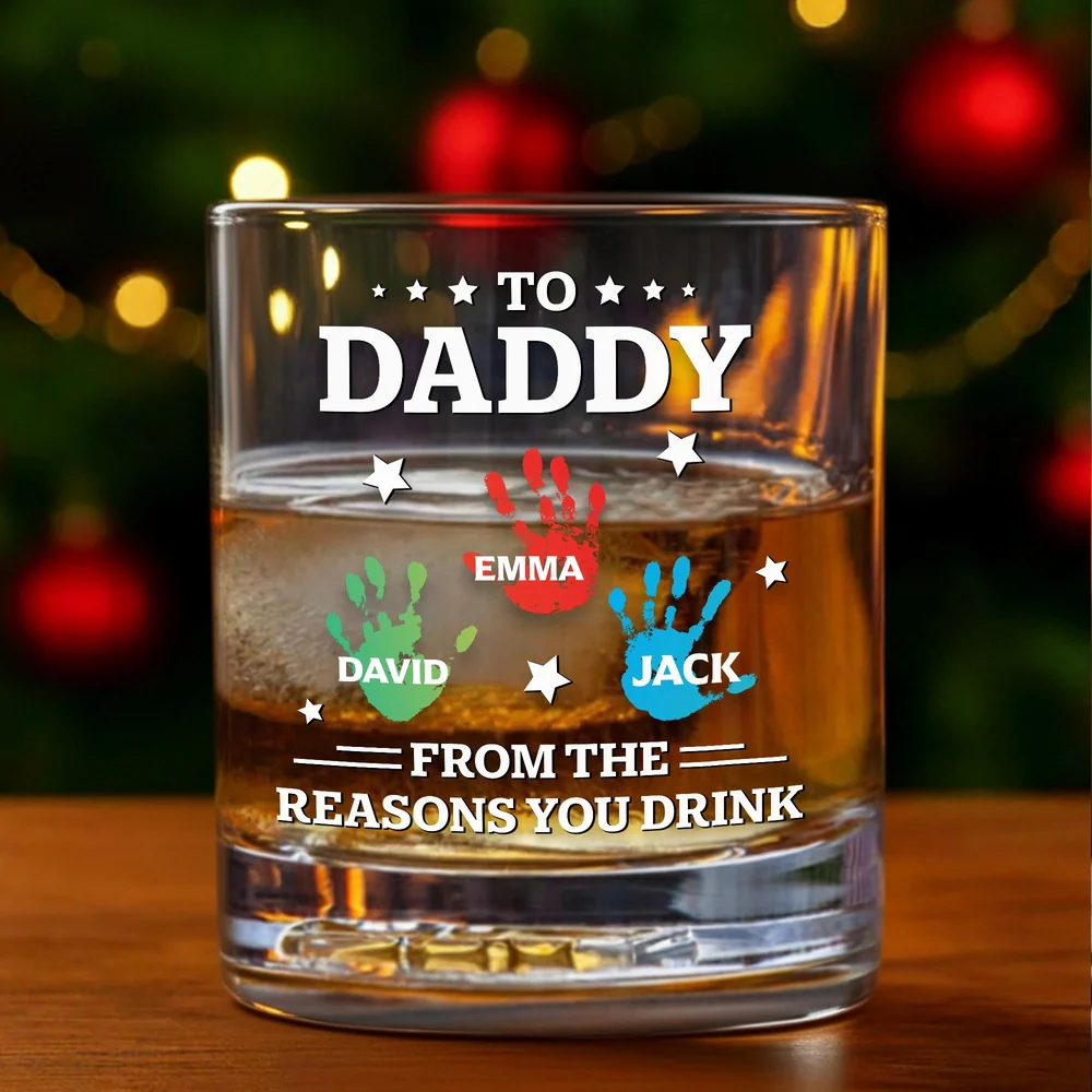 Personalized Whiskey Glass for Dad with Colorful Handprints, Funny Bar Whiskey Glass, Unique Gift from Kids for Special Occasions