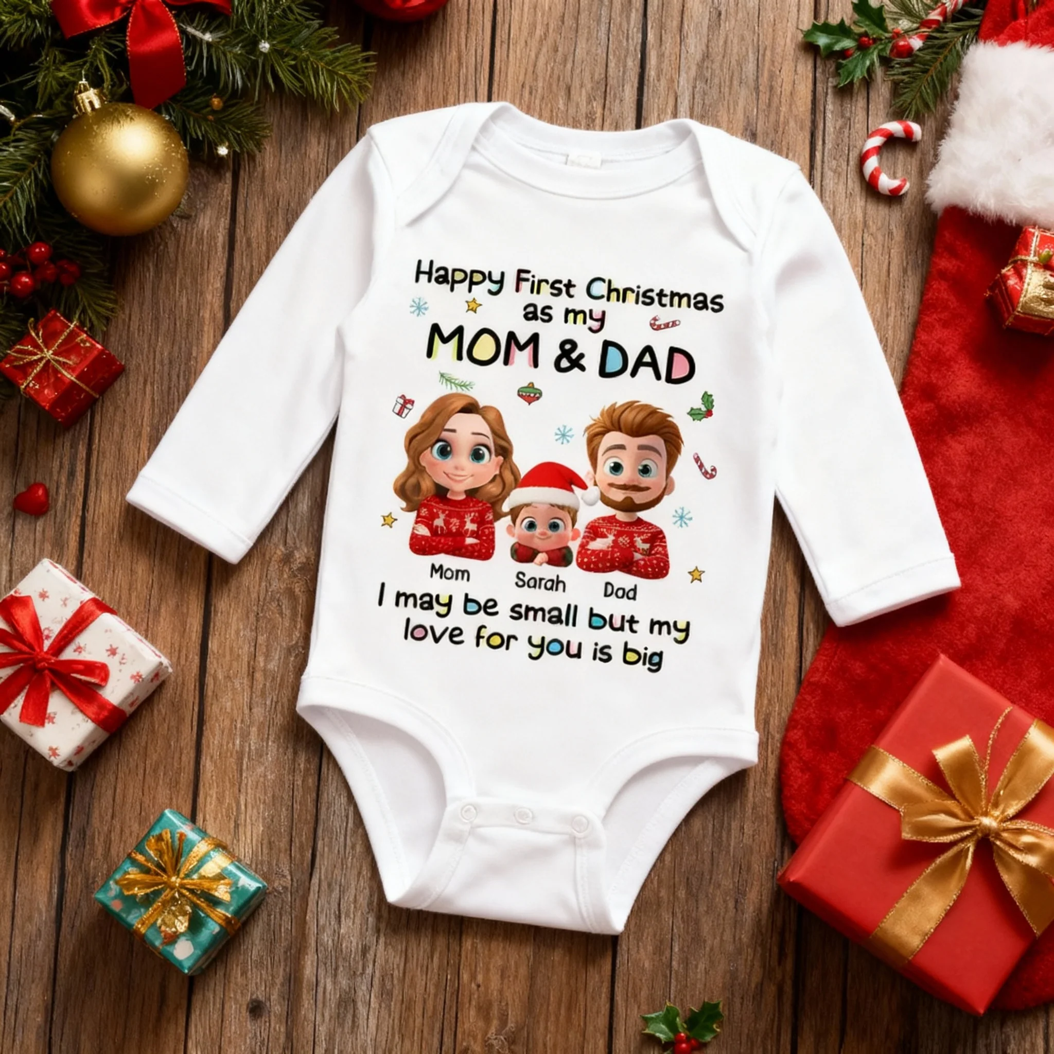 Custom First Christmas Long Sleeve Baby Onesie, Cute Mom Dad and Baby Illustration, Personalized Holiday Outfit and Heartwarming Newborn Gift