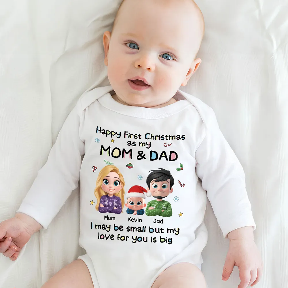 Custom First Christmas Long Sleeve Baby Onesie, Cute Mom Dad and Baby Illustration, Personalized Holiday Outfit and Heartwarming Newborn Gift - Image 3