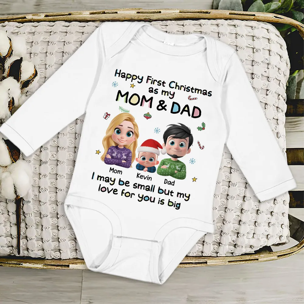 Custom First Christmas Long Sleeve Baby Onesie, Cute Mom Dad and Baby Illustration, Personalized Holiday Outfit and Heartwarming Newborn Gift - Image 4