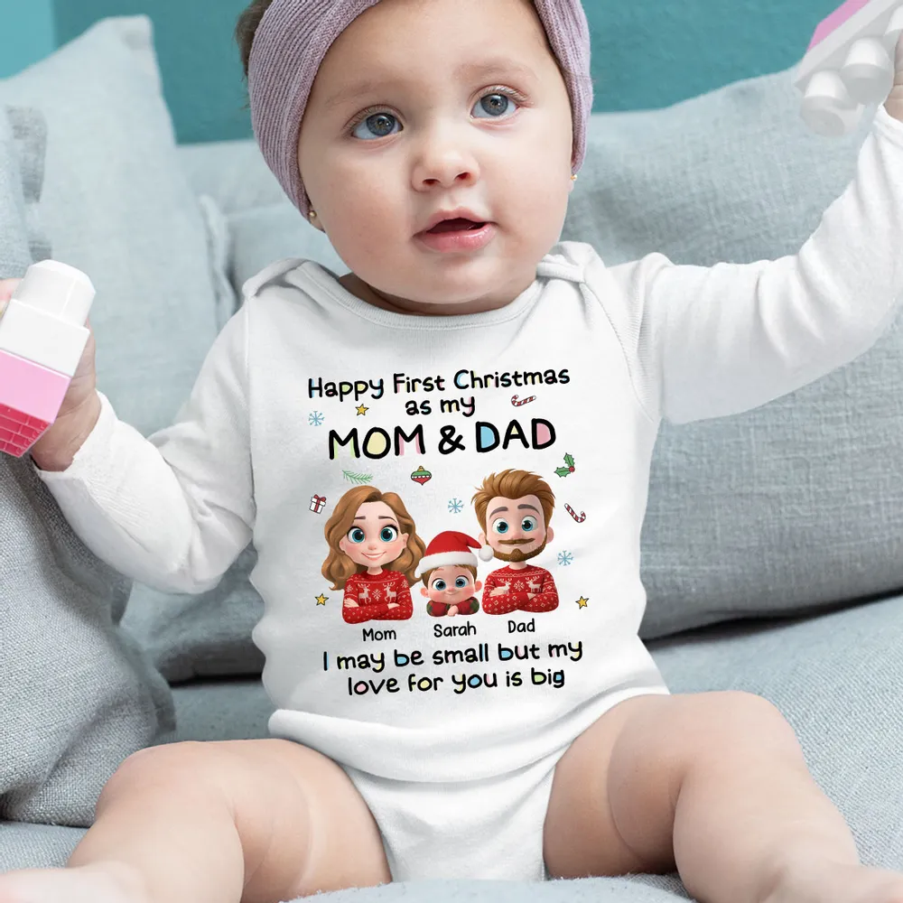 Custom First Christmas Long Sleeve Baby Onesie, Cute Mom Dad and Baby Illustration, Personalized Holiday Outfit and Heartwarming Newborn Gift - Image 5