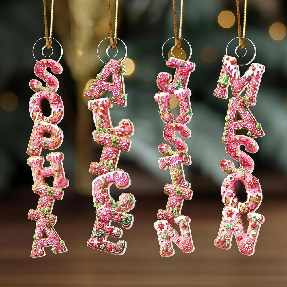 Custom Name Gingerbread Acrylic Ornament for Christmas Tree, Festive Pink Letters Keepsake, Unique Holiday Gift for Children