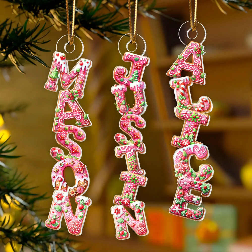 Custom Name Gingerbread Acrylic Ornament for Christmas Tree, Festive Pink Letters Keepsake, Unique Holiday Gift for Children - Image 2