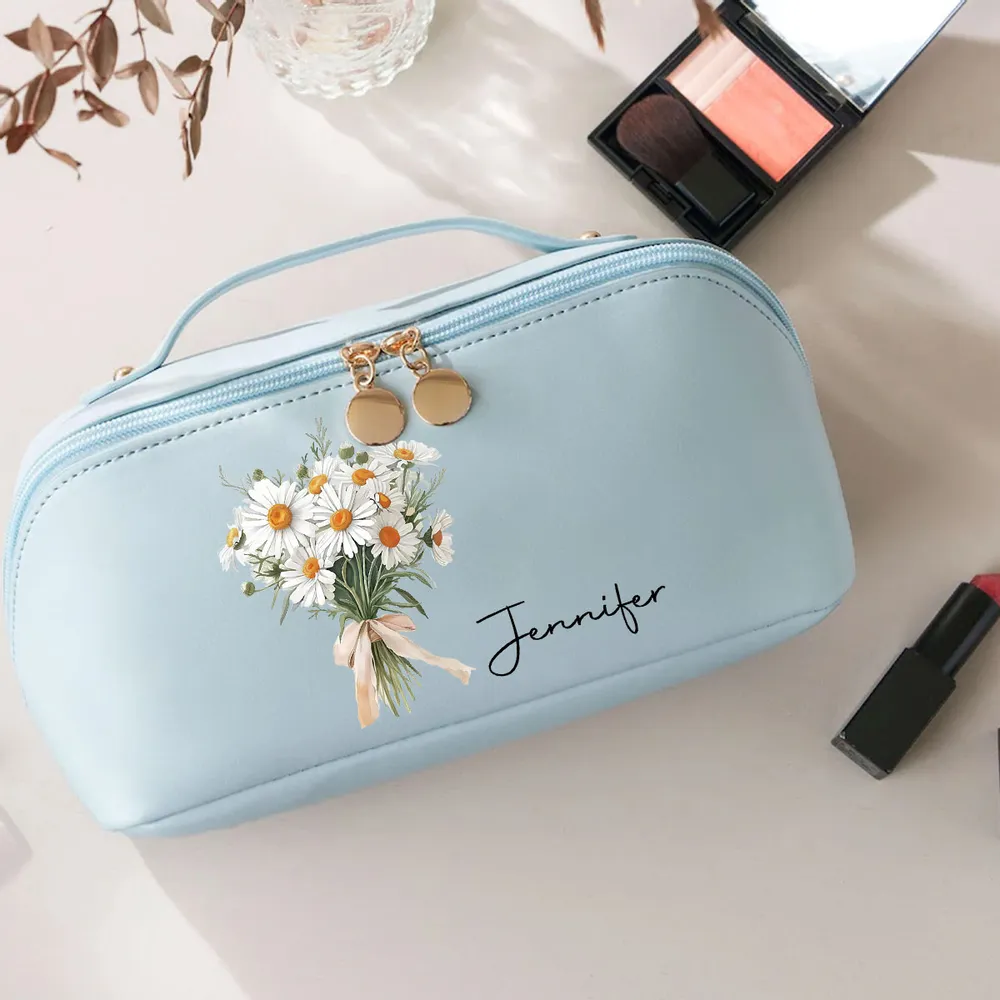 Personalized Leather Makeup Bag with Purple Florals, Custom Gift for Her & Stylish Travel Organizer - Image 2