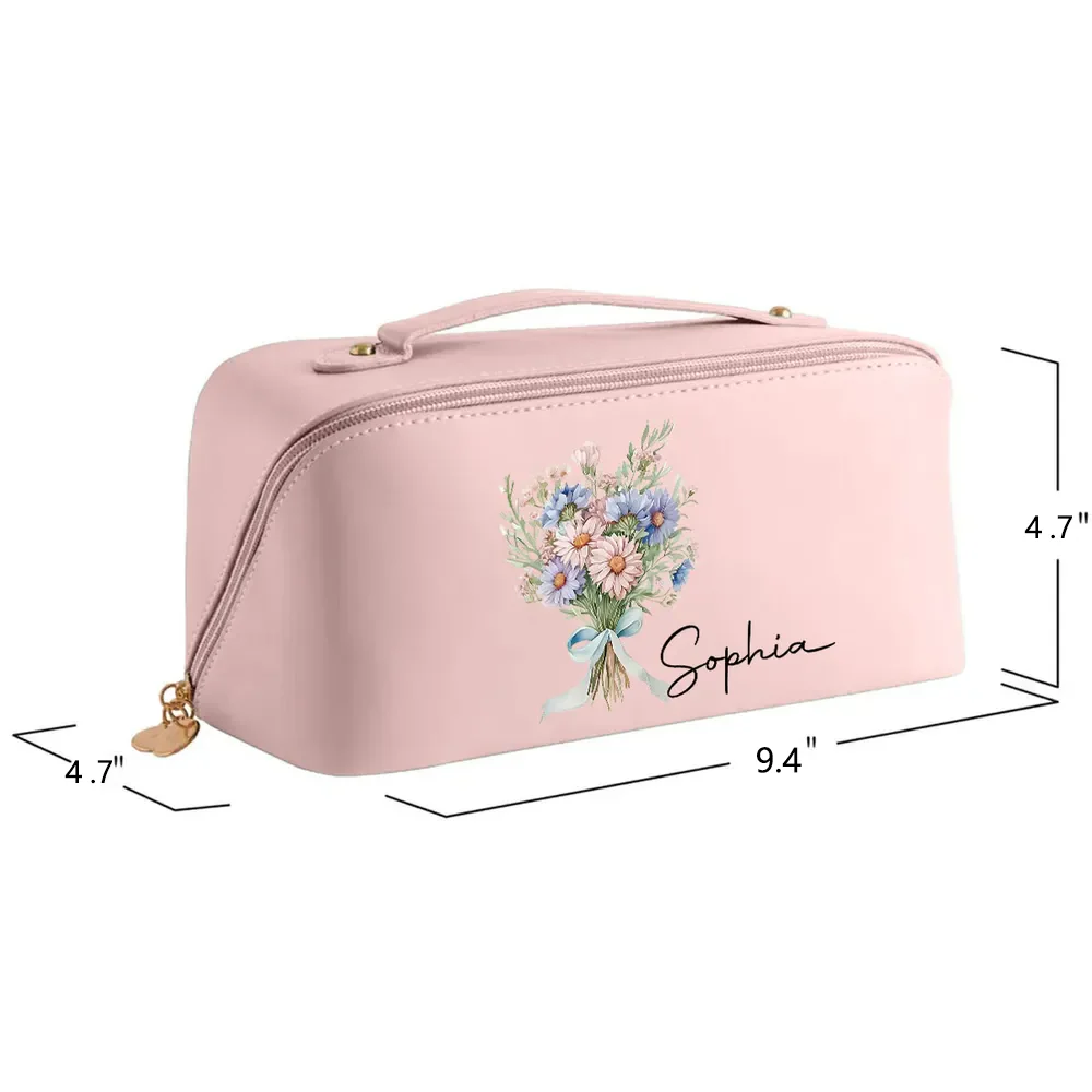 Personalized Leather Makeup Bag with Purple Florals, Custom Gift for Her & Stylish Travel Organizer - Image 4