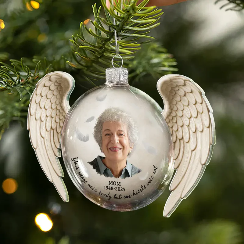 Custom Photo Acrylic Flat Ball Ornament Memorial with Angel Wings, Heartfelt Remembrance Christmas Gift for Dad and Family Keepsake - Image 2