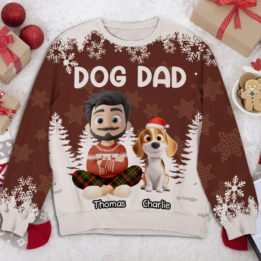 Personalized Dog Dad Printed Sweatshirt with Custom Cartoon Man and Puppy, Cozy Christmas Gift for Proud Pet Lovers - Image 4