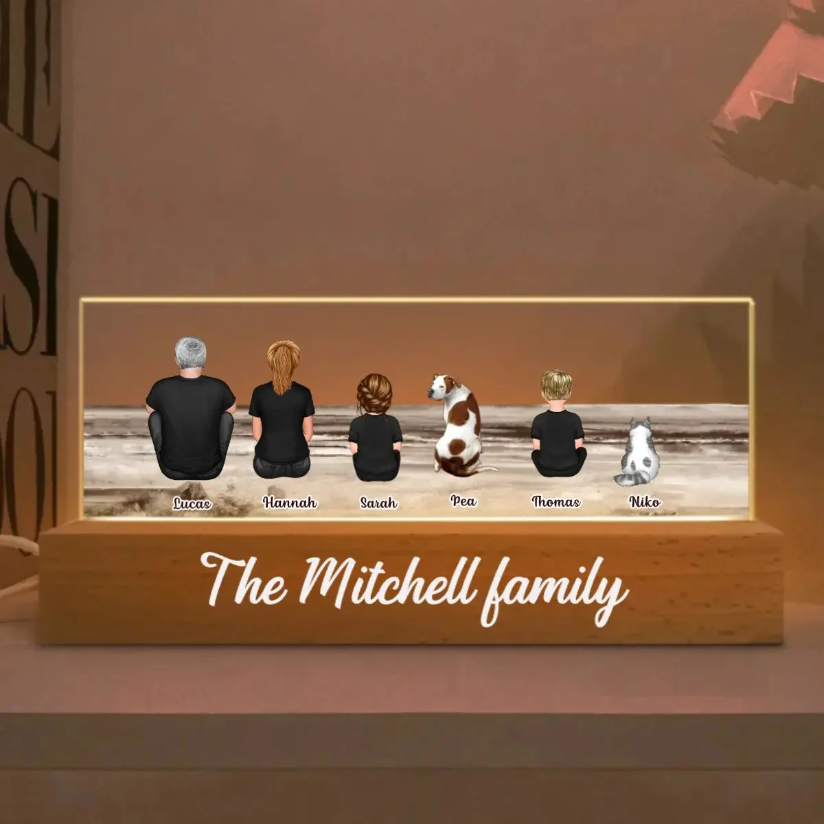 Personalized LED Light Plaque with Family Back View Beach Sunset Scene, Custom Home Accent, Unique Gift for Parents & Kids - Image 2