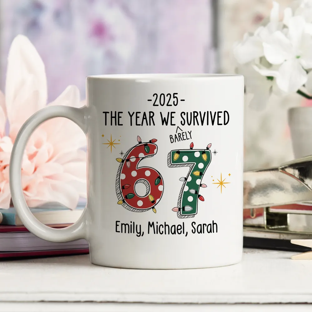 Custom 67 Ceramic Mug with Festive Dotted Numbers, Personalized Year We Survived Joke for Office Friends, Fun & Cute Gift - Image 6