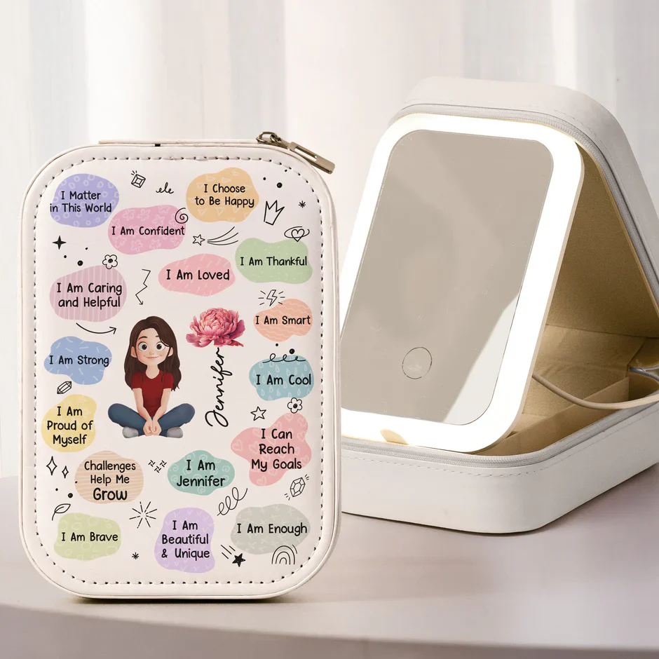 Custom LED Makeup Case with Cartoon Portrait & Positive I Am Quotes – Unique Personalized Makeup Box, Uplifting Gift for Daughter or Friend