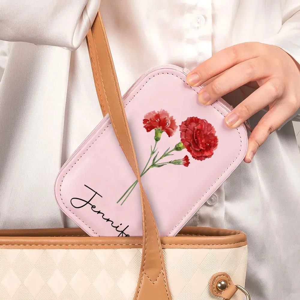 Leather LED Makeup Case With Birth Month Flower Art, Portable Lighted Mirror, Unique Gift For Her - Image 3