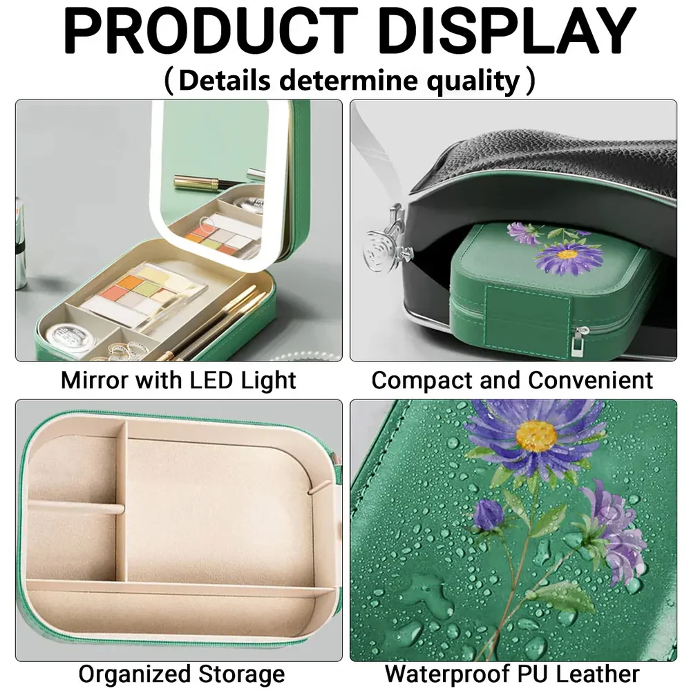 Leather LED Makeup Case With Birth Month Flower Art, Portable Lighted Mirror, Unique Gift For Her - Image 4