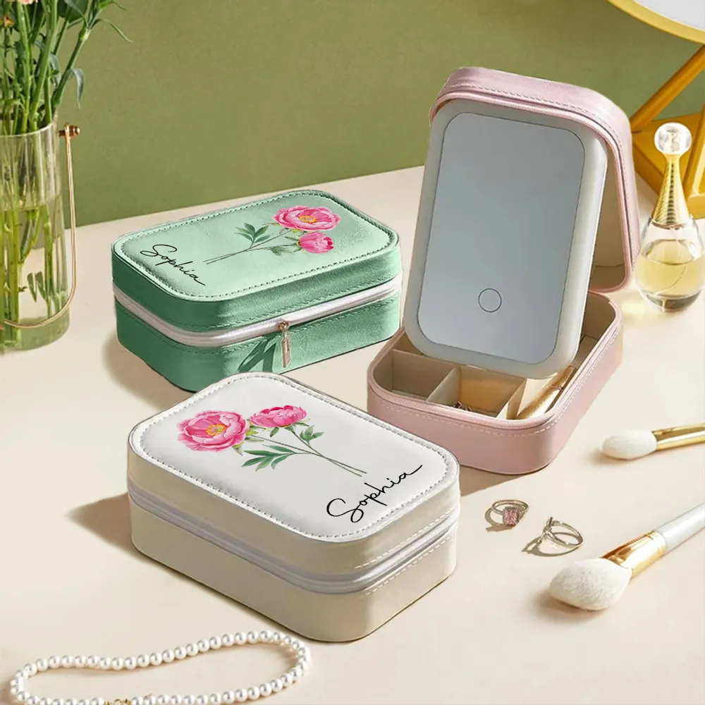 Leather LED Makeup Case With Birth Month Flower Art, Portable Lighted Mirror, Unique Gift For Her - Image 5