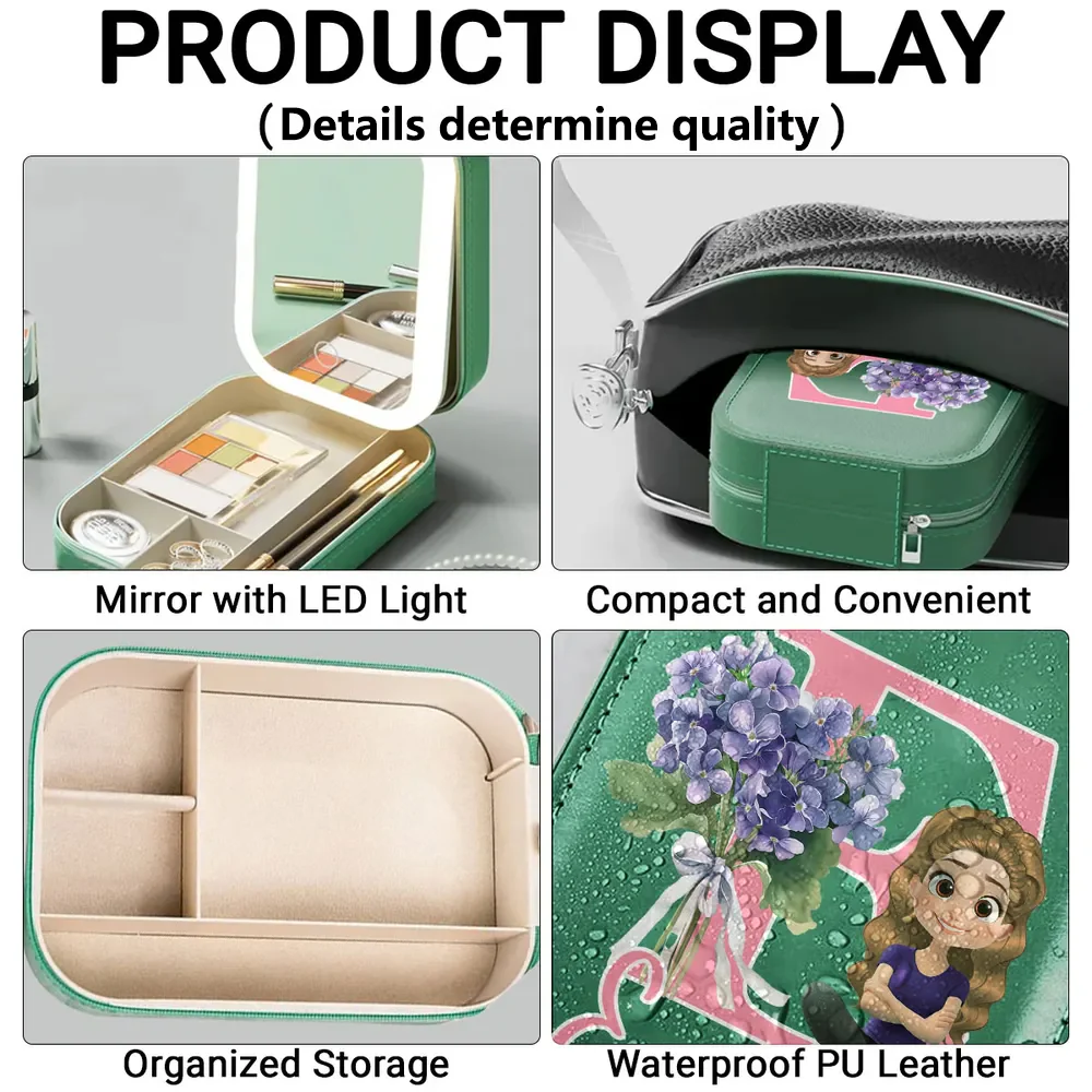 Personalized Leather LED Makeup Case with Cartoon Girl & Florals, Unique Gift for Teens & Daughters - Image 5