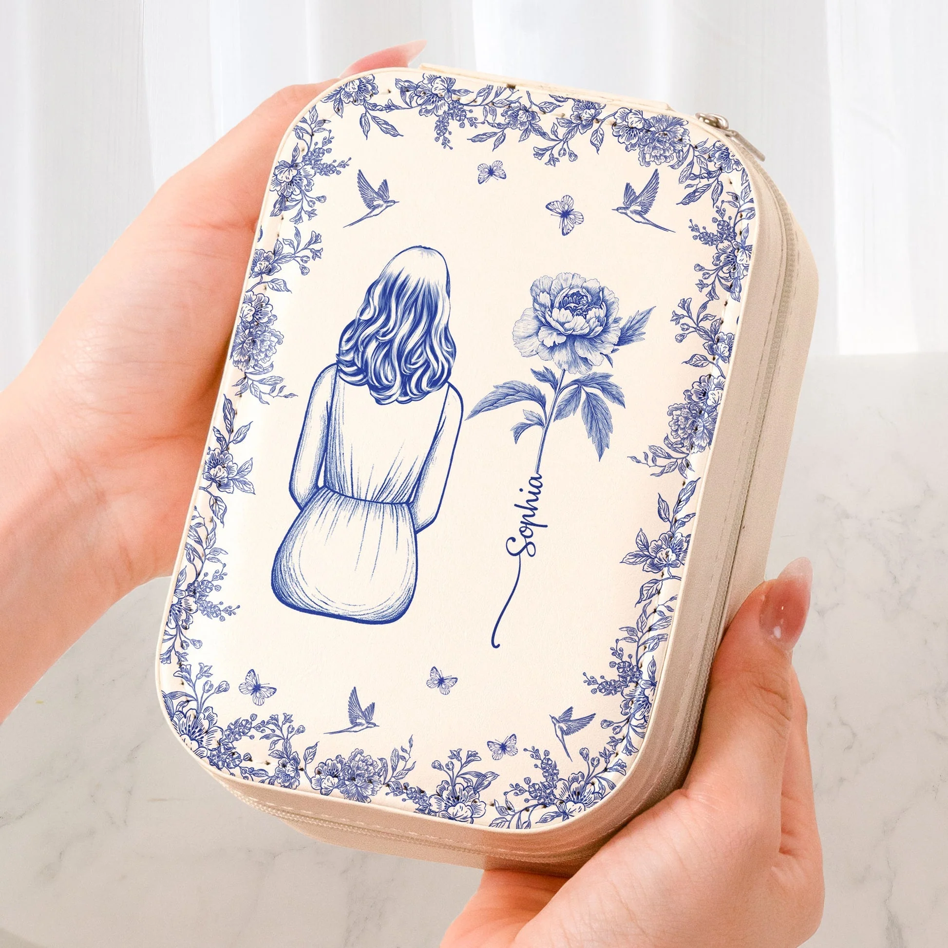 Personalized Leather LED Makeup Case with Birth Flower Art – Custom Girl Illustration Cosmetic Organizer, Unique Gift for Her - Image 2