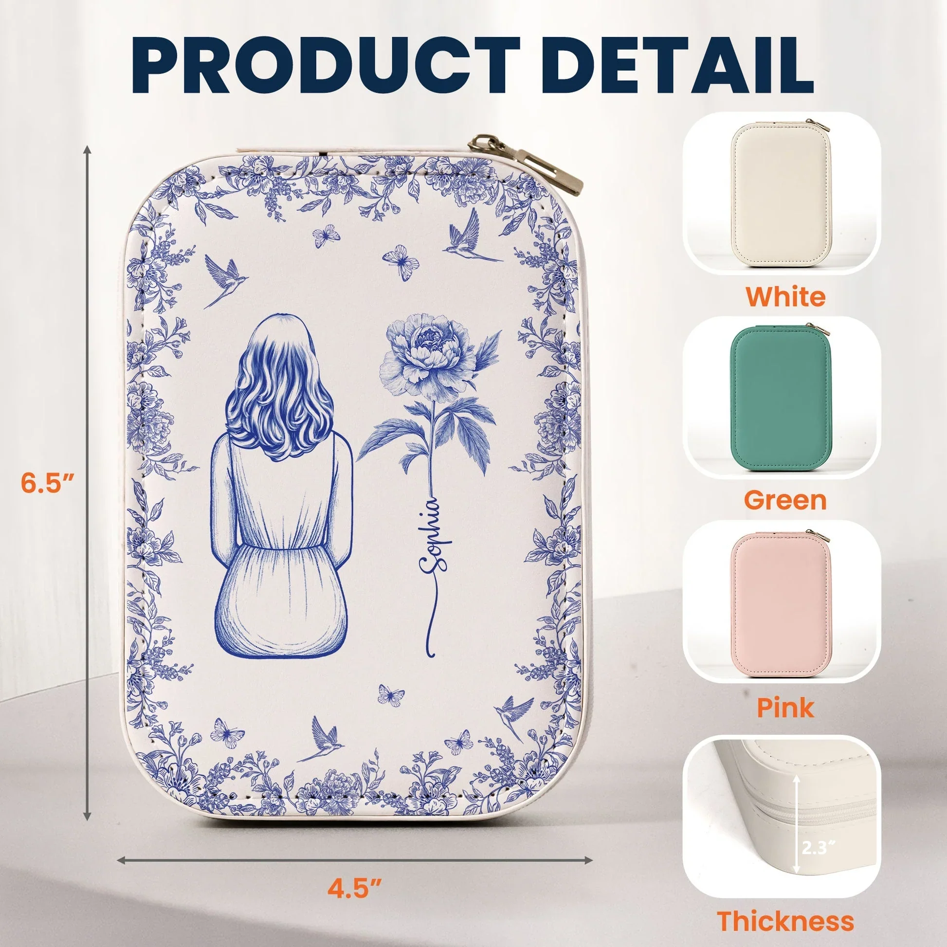 Personalized Leather LED Makeup Case with Birth Flower Art – Custom Girl Illustration Cosmetic Organizer, Unique Gift for Her - Image 3