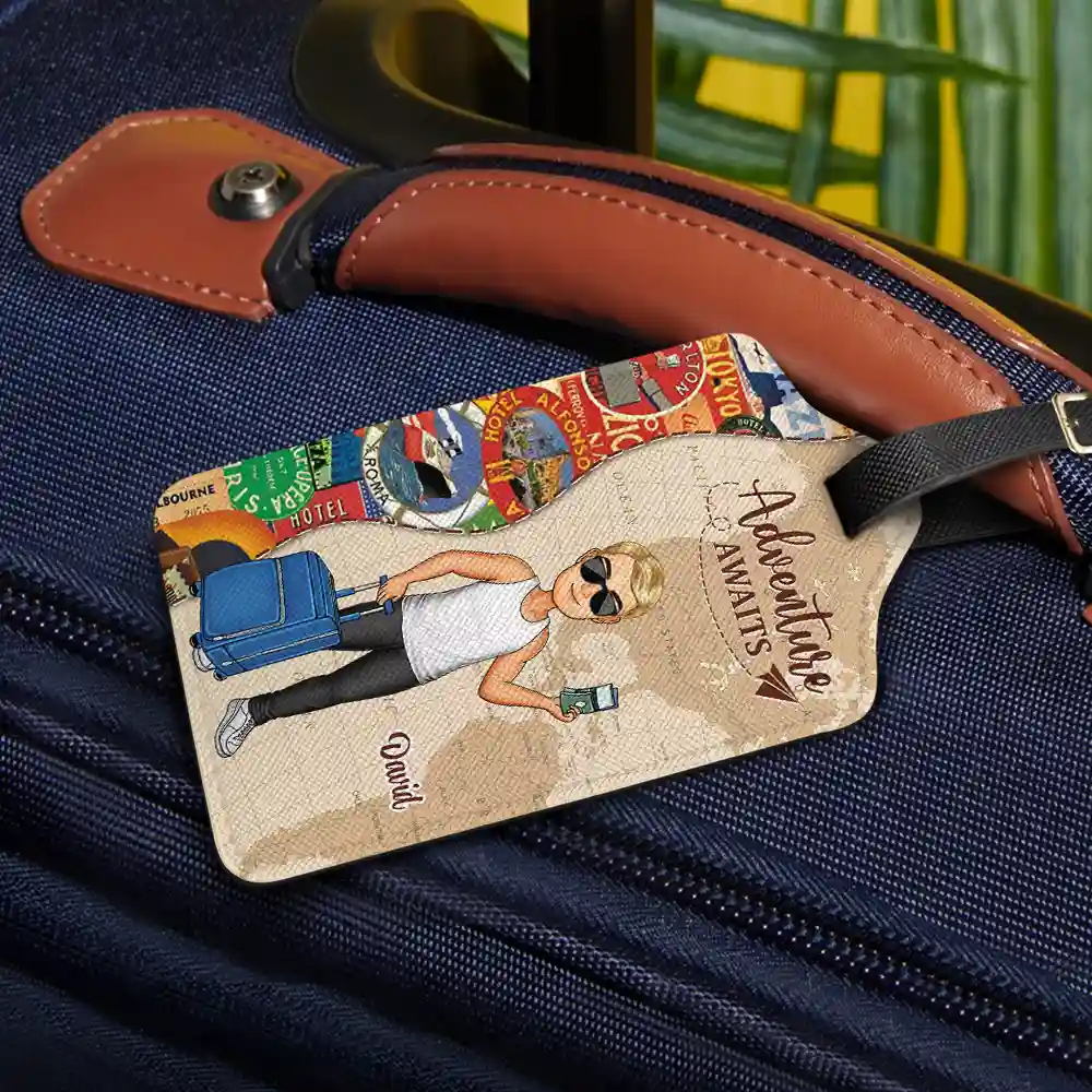 And So The Adventure Begins Leather Luggage Tag, Personalized Travel Accessory for Her with Cartoon Traveler, Stylish Unique Gift for Trips & Cruises - Image 2