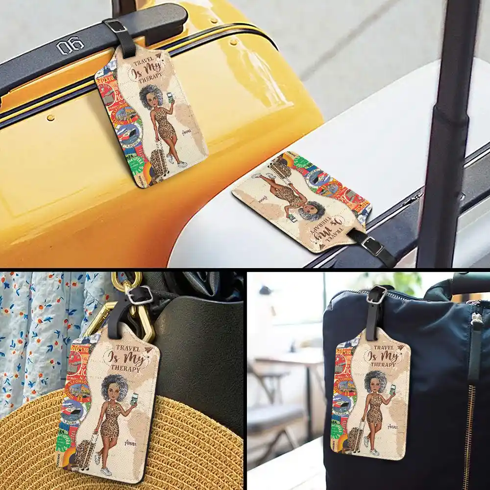 And So The Adventure Begins Leather Luggage Tag, Personalized Travel Accessory for Her with Cartoon Traveler, Stylish Unique Gift for Trips & Cruises - Image 3