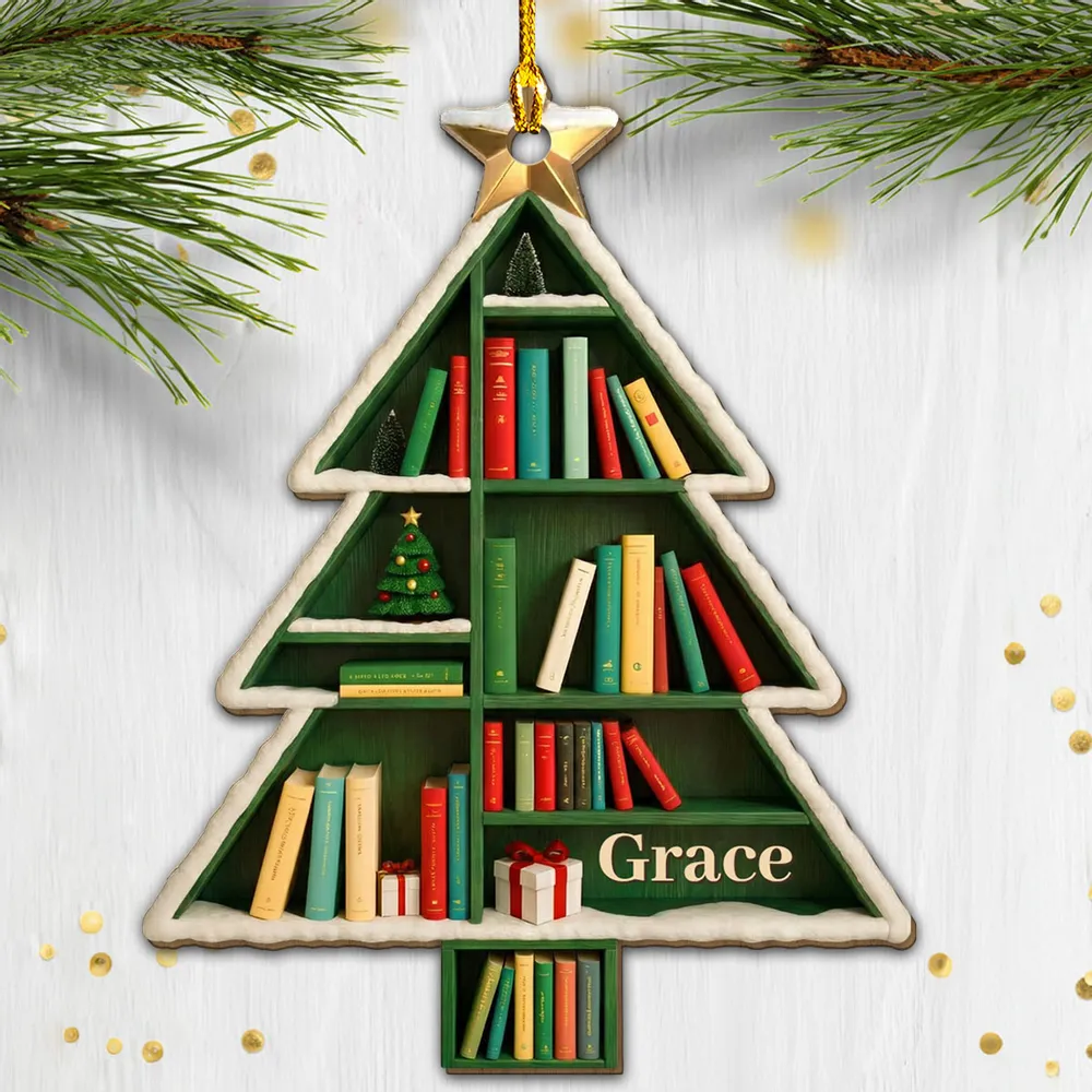Personalized Wooden Ornament Bookshelf Tree – Custom Name Christmas Wooden Ornament for Book Lovers, Cozy Holiday Decor & Unique Gift - Image 4