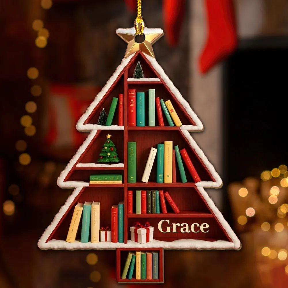 Personalized Wooden Ornament Bookshelf Tree – Custom Name Christmas Wooden Ornament for Book Lovers, Cozy Holiday Decor & Unique Gift - Image 5