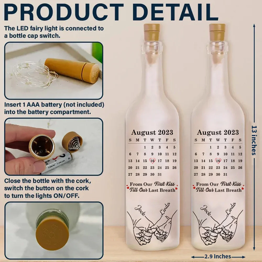 Personalized Bottle Lamp with Calendar Date & Couple Design, Soft Warm Glow for Romantic Nights, Unique Anniversary Gift - Image 4