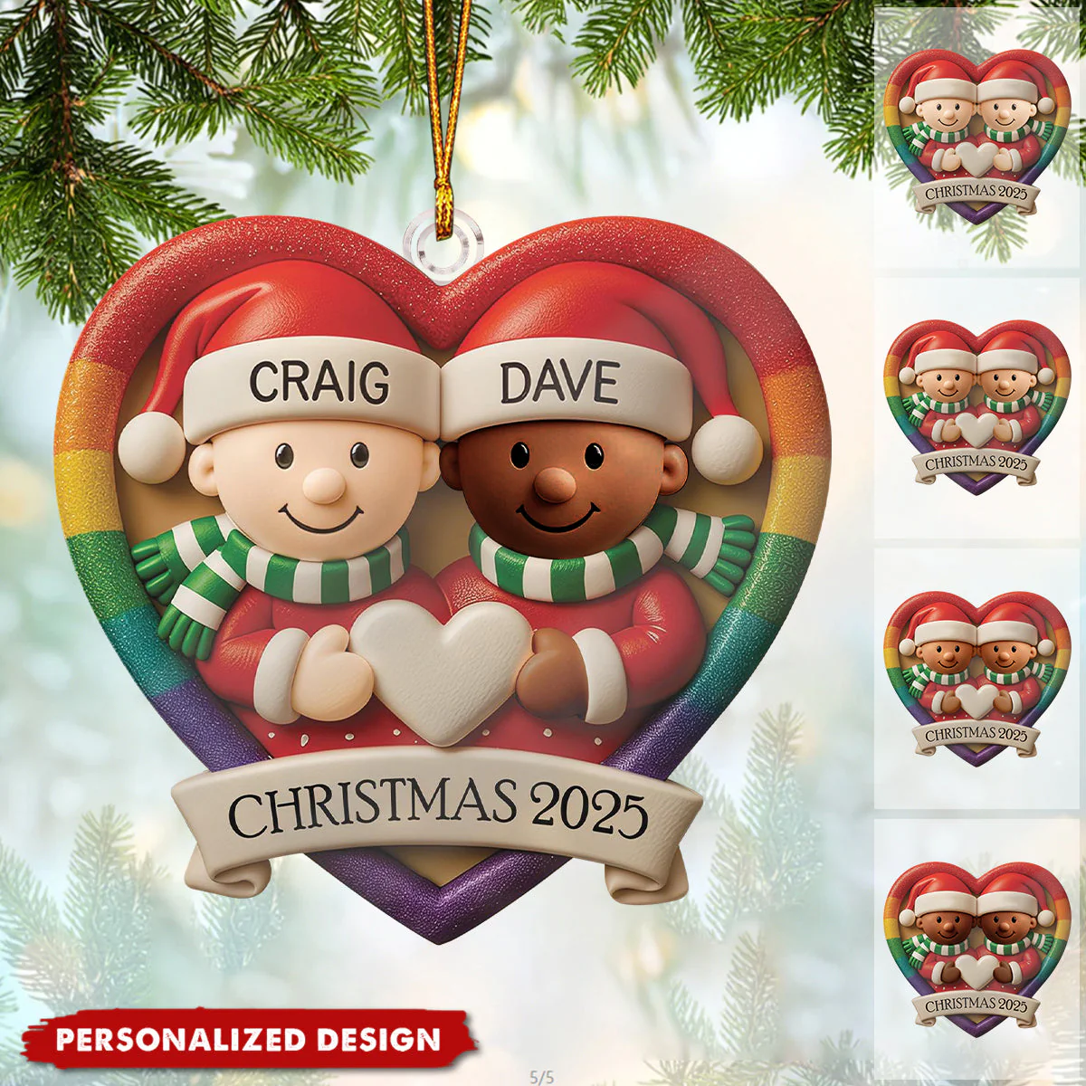 Custom LGBT Couple Acrylic Ornament, Cozy Hugging Santa Characters for Holiday Celebration, Romantic Keepsake & Special Gift - Image 4