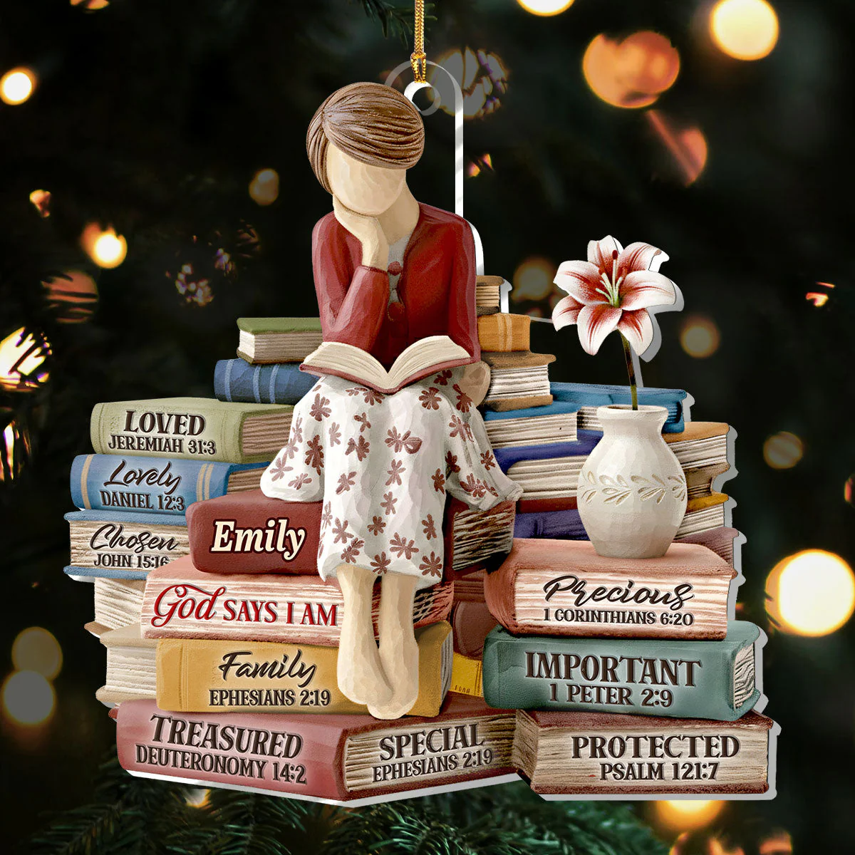 Personalized Acrylic Ornament with Reading Woman and Faith Books – Unique Christian Gift and Christmas Tree Decor - Image 2