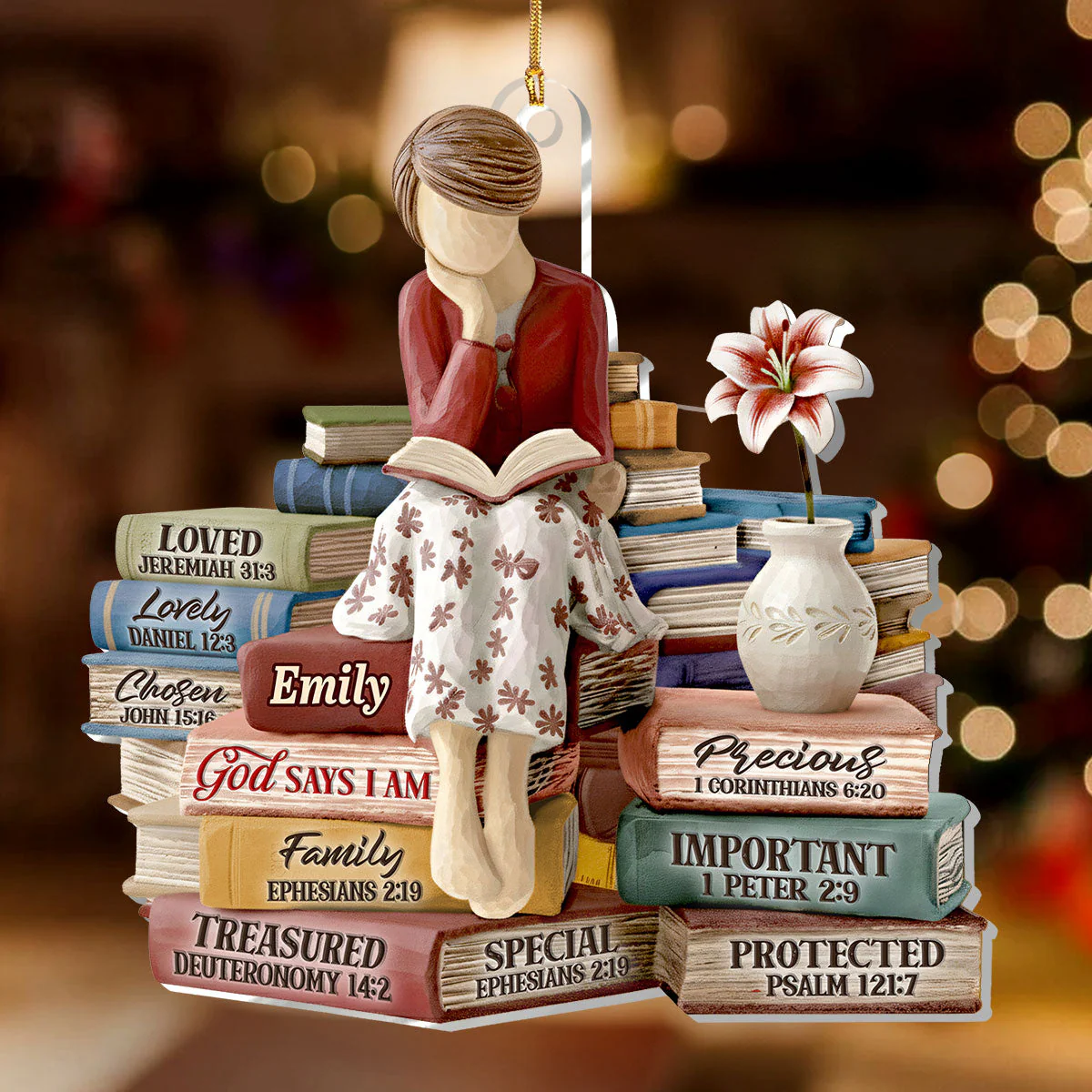 Personalized Acrylic Ornament with Reading Woman and Faith Books – Unique Christian Gift and Christmas Tree Decor - Image 3