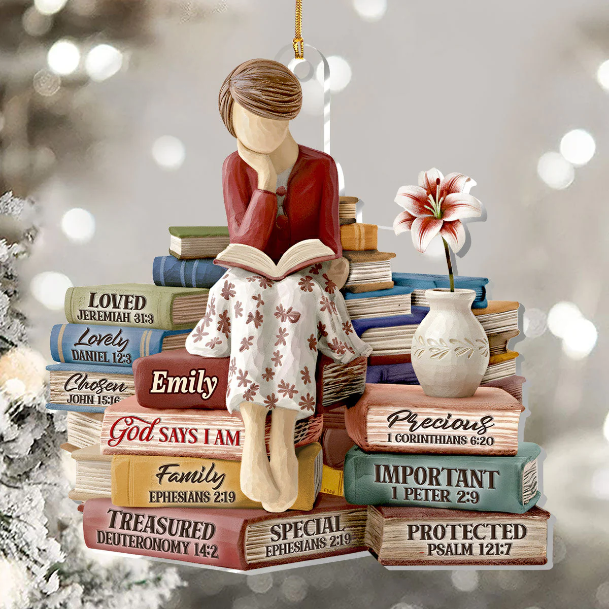 Personalized Acrylic Ornament with Reading Woman and Faith Books – Unique Christian Gift and Christmas Tree Decor - Image 4