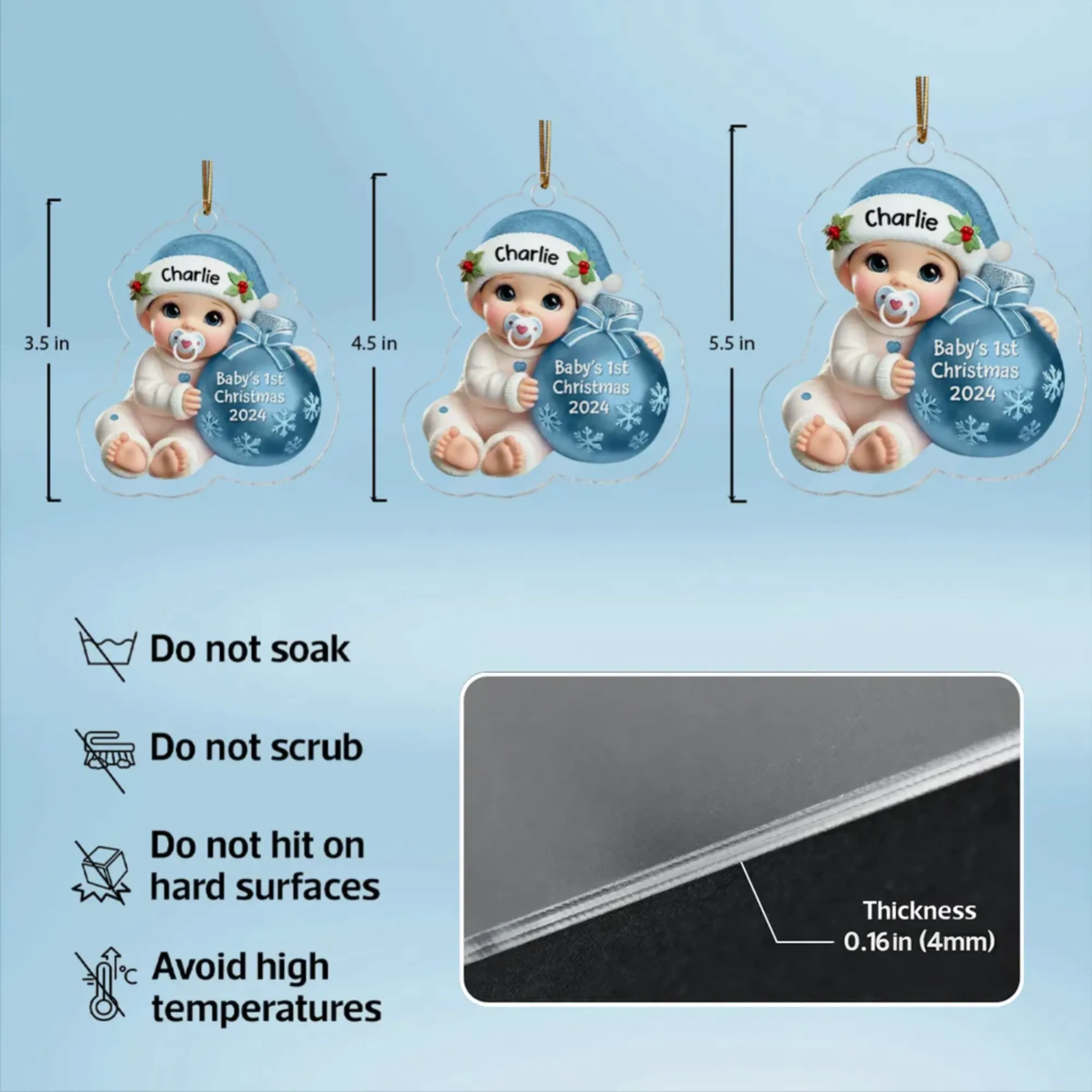 Personalized Acrylic Ornament for Baby's First Christmas – Cute Blue Baby Design, Festive Keepsake, Unique Gift for New Parents - Image 4