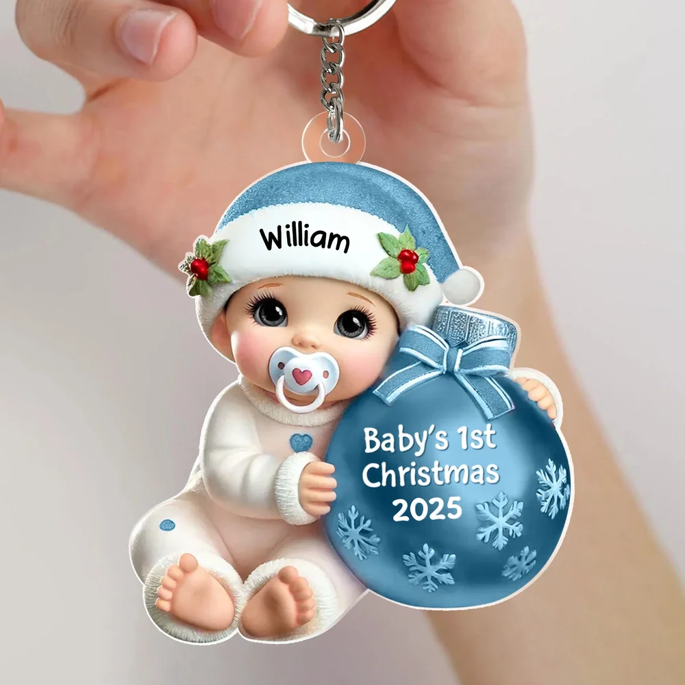 Personalized Acrylic Keychain for Baby's First Christmas, Cute Snowy Ornament Design, Sweet Keepsake & Unique Christmas Gift
