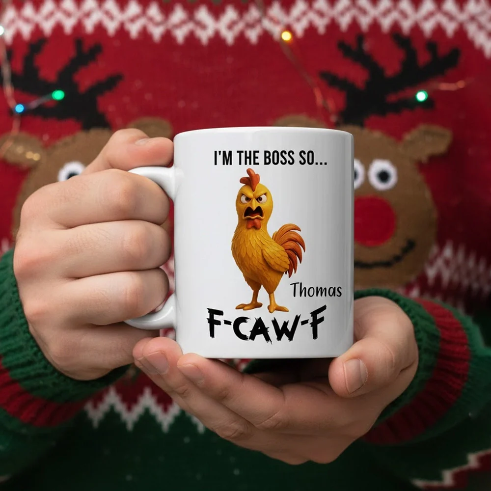Personalized White Ceramic Mug with Angry Rooster Boss Design, Funny Custom Gift for Coworker or Friend, Unique Office Coffee Mug
