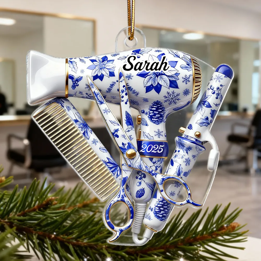 Hairdresser Things Acrylic Ornament with Custom Name – Elegant Blue Floral Salon Tool Design, Festive Tree Decor and Creative Gift for Your Favorite Stylist - Image 3