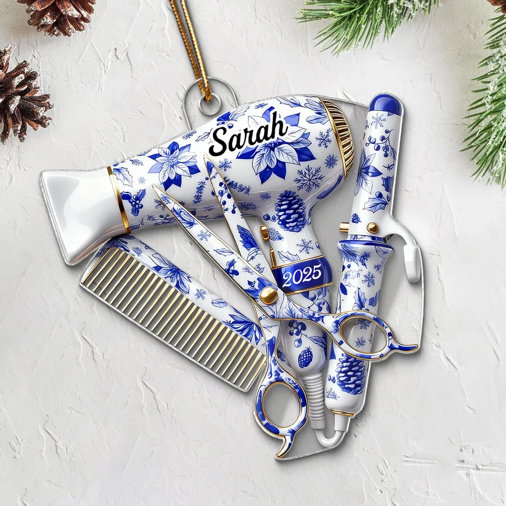 Hairdresser Things Acrylic Ornament with Custom Name – Elegant Blue Floral Salon Tool Design, Festive Tree Decor and Creative Gift for Your Favorite Stylist - Image 5
