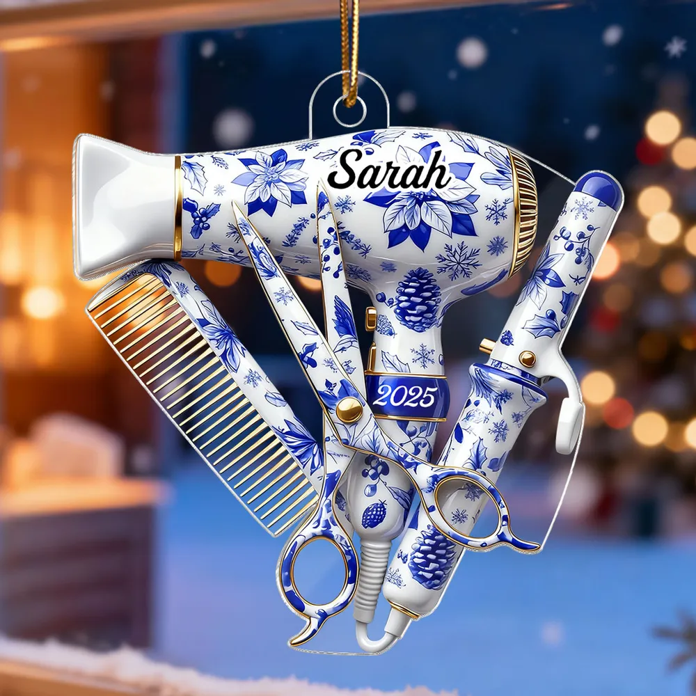 Hairdresser Things Acrylic Ornament with Custom Name – Elegant Blue Floral Salon Tool Design, Festive Tree Decor and Creative Gift for Your Favorite Stylist - Image 7