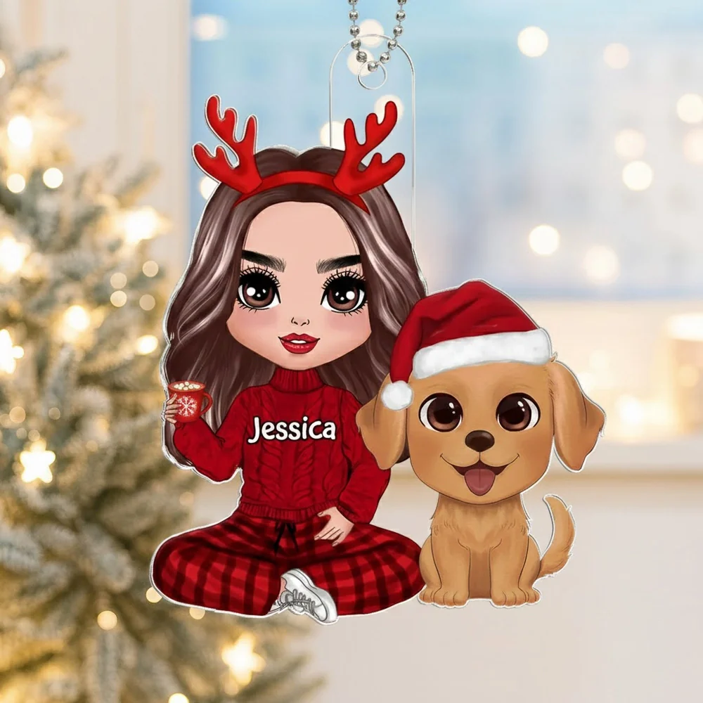 Personalized Acrylic Ornament with Cute Dog and Cozy Christmas Girl, Festive Decor and Unique Gift for Dog Lovers