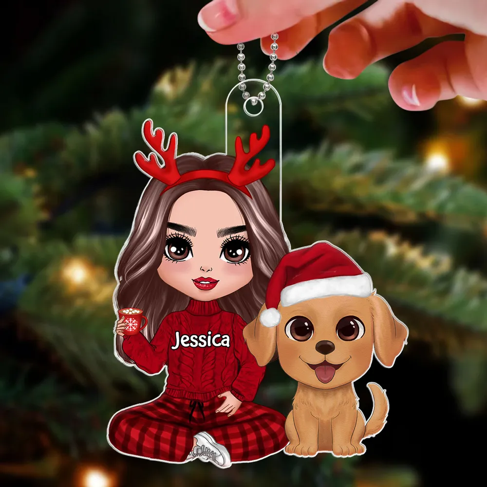 Personalized Acrylic Ornament with Cute Dog and Cozy Christmas Girl, Festive Decor and Unique Gift for Dog Lovers - Image 2