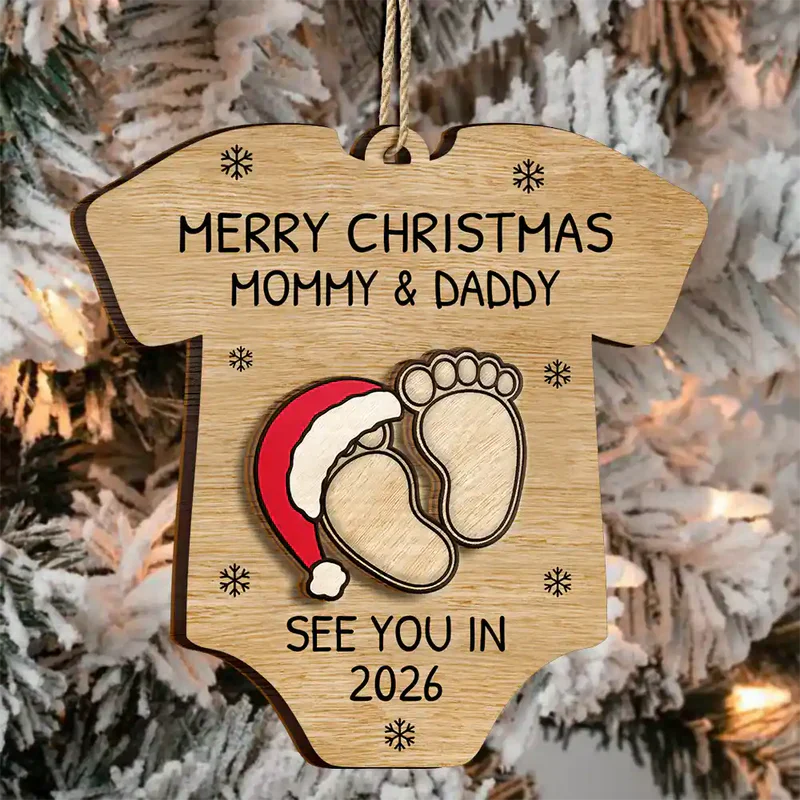 Custom Baby Announcement 2-Layer Wooden Ornament – Onesie Shape with Tiny Footprints – Adorable Nursery Decor and Creative Holiday Gift for Mommy and Daddy - Image 7