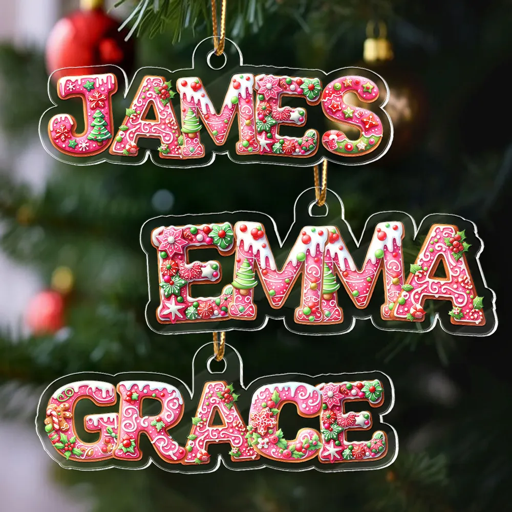 Custom Name Acrylic Ornament with Pink Gingerbread Letters – Festive Christmas Ornament & Creative Kids Gift
