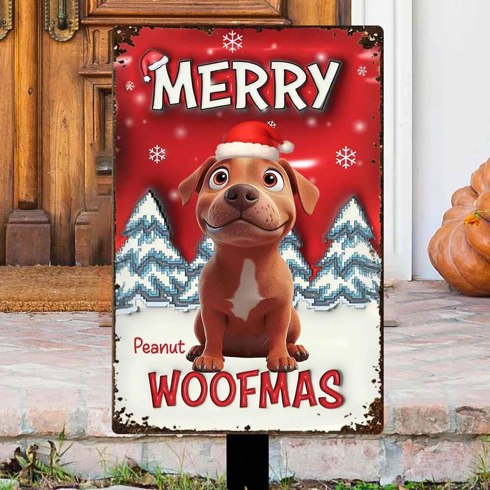 Custom Dog Rectangular Iron Sign Merry Woofmas – Playful Santa Hat Pup in Snowy Christmas Yard, Heartwarming Personalized Holiday Gift