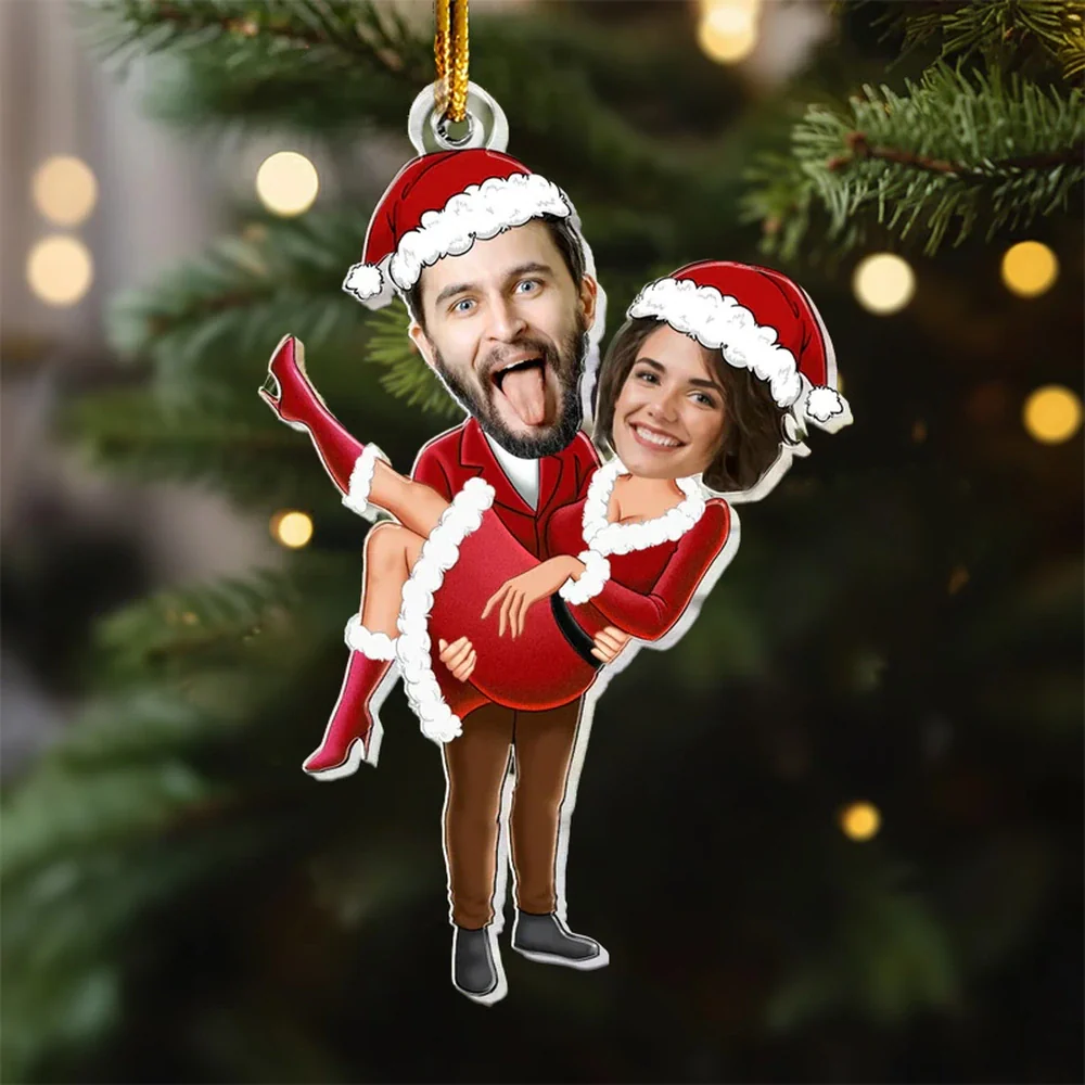 Personalized Acrylic Ornament with Couple Faces in Santa Outfits, Fun Christmas Tree Decor and Unique Romantic Holiday Gift