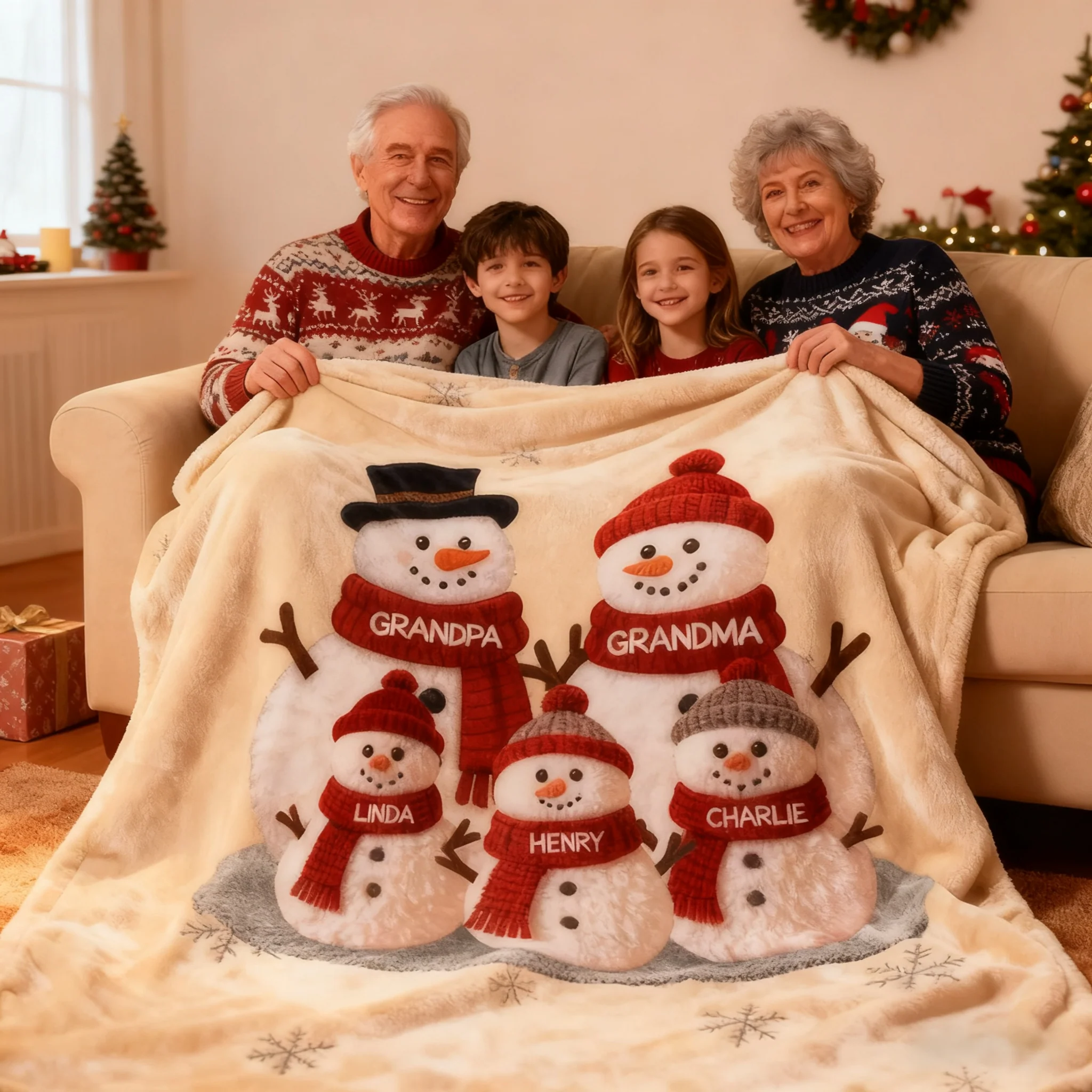 Custom Snowman Family Fleece Blanket, Snuggly Holiday Fleece for Grandma and Grandpa, Unique Personalized Christmas Gift - Image 2