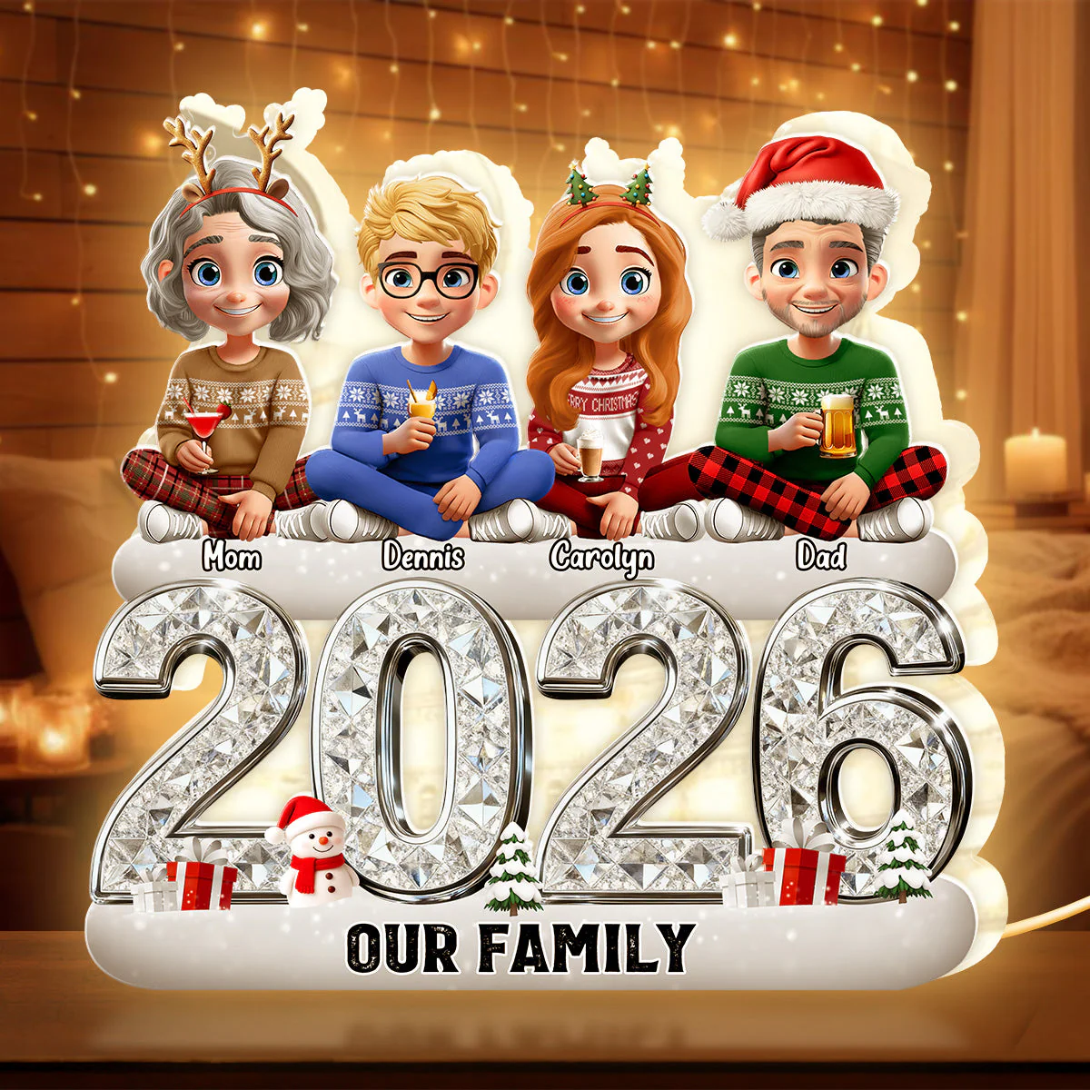 Custom Our Family Acrylic Light Box with Festive Characters, Warm Atmosphere Lighting Acrylic Light Box, Heartfelt Holiday Gift for the Whole Family