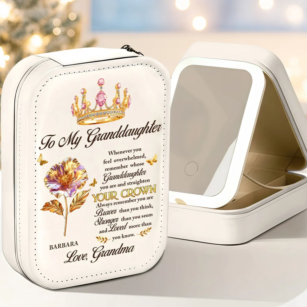 Personalized Leather LED Makeup Case with Crown Quote – Unique Granddaughter Gift from Grandma, Encouraging & Heartwarming Keepsake