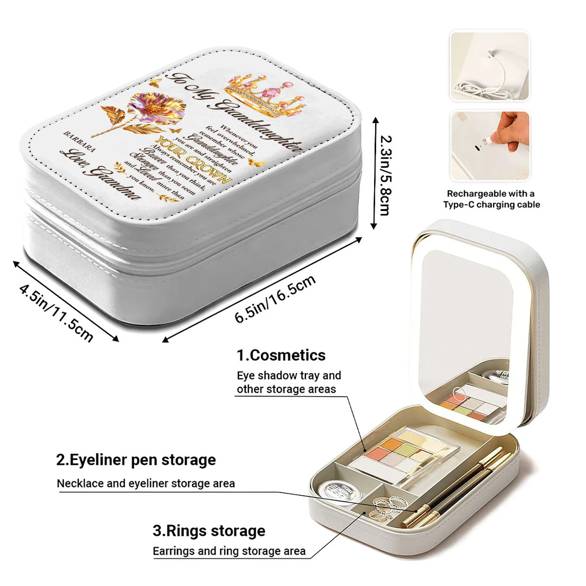 Personalized Leather LED Makeup Case with Crown Quote – Unique Granddaughter Gift from Grandma, Encouraging & Heartwarming Keepsake - Image 4