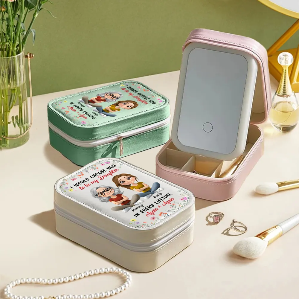Custom LED Makeup Case with Cartoon Mother and Daughter, Sentimental Travel Makeup Case, Heartfelt Personalized Gift - Image 3