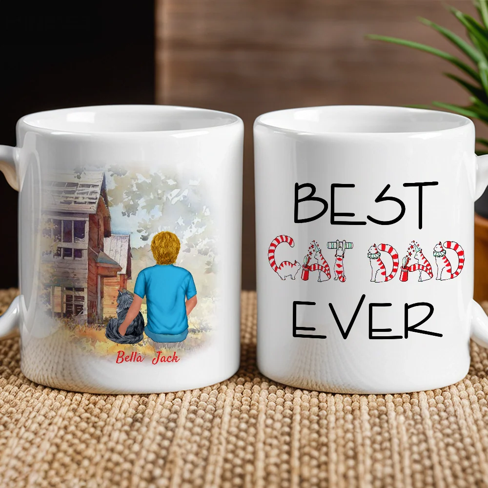 Best Cat Dad Ever Personalized White Ceramic Mug with Cat Illustration, Cozy Scene & Unique Gift for Pet Lovers - Image 2
