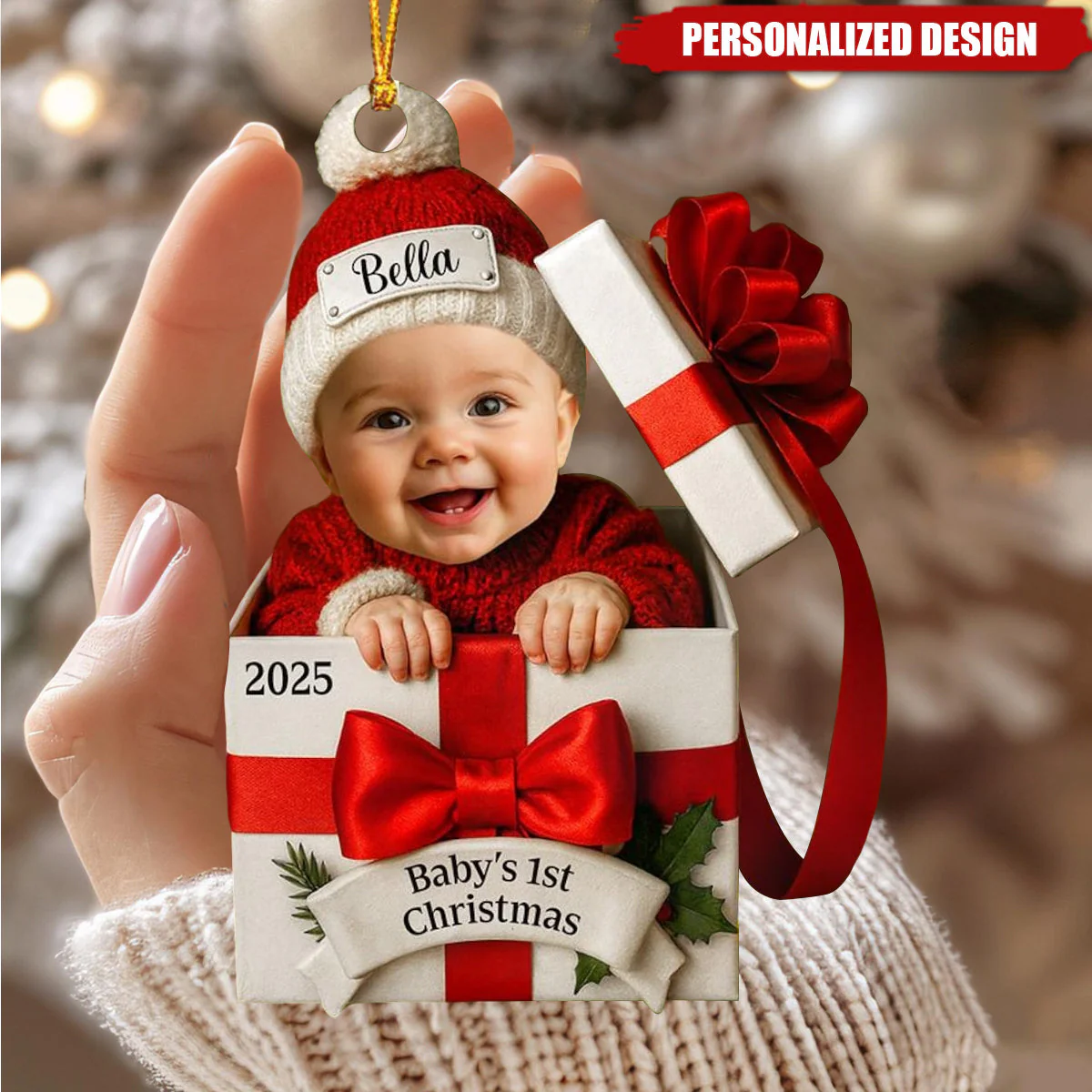 Baby's First Christmas Acrylic Ornament with Custom Photo – Adorable Gift Box Design for New Parents, Unique Personalized Holiday Gift - Image 2